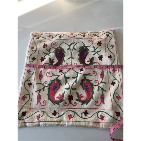 Handmade In Kashmir  embroidered Throw Pillow Case 18x18 Wool Cotton Blend - Picture 7 of 7